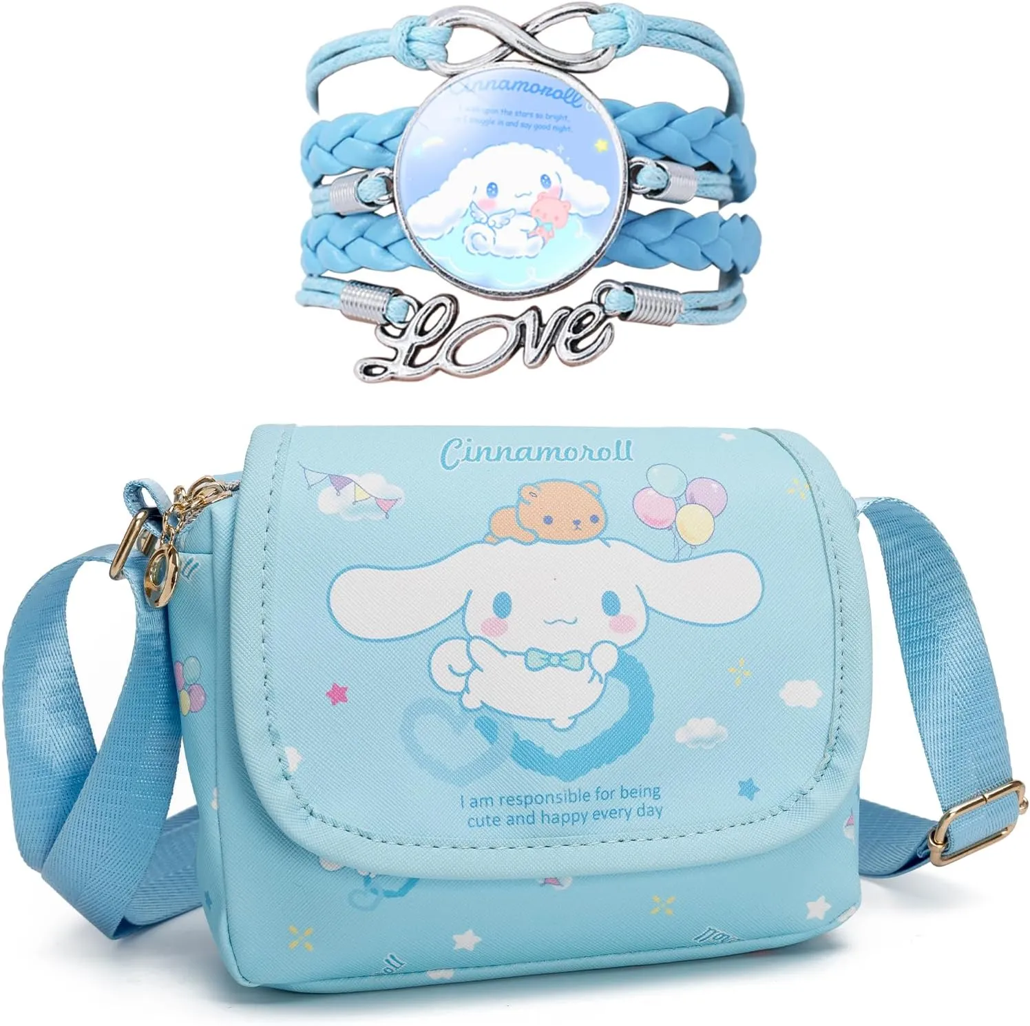Cute Kitty Crossbody Bag with Bracelet Charm, Kawaii Handbag Shoulder Zipper Bag Coin Pouch Accessories for Women Girls