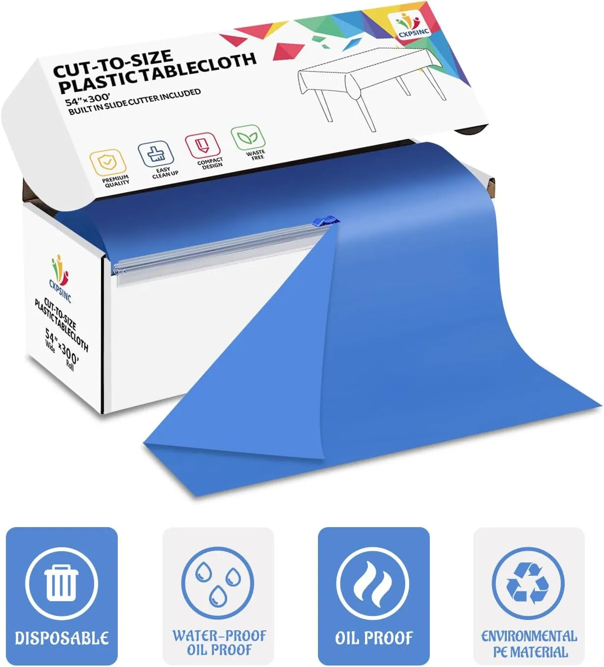 CXPSINC 54 Inch X 300 Feet Plastic Table Cover Roll Disposable Tablecloth with Slide Cutter for All Type/Shape Tables | Picnic, Party, Banquet, Birthdays, Weddings (Blue, 300 Feet)