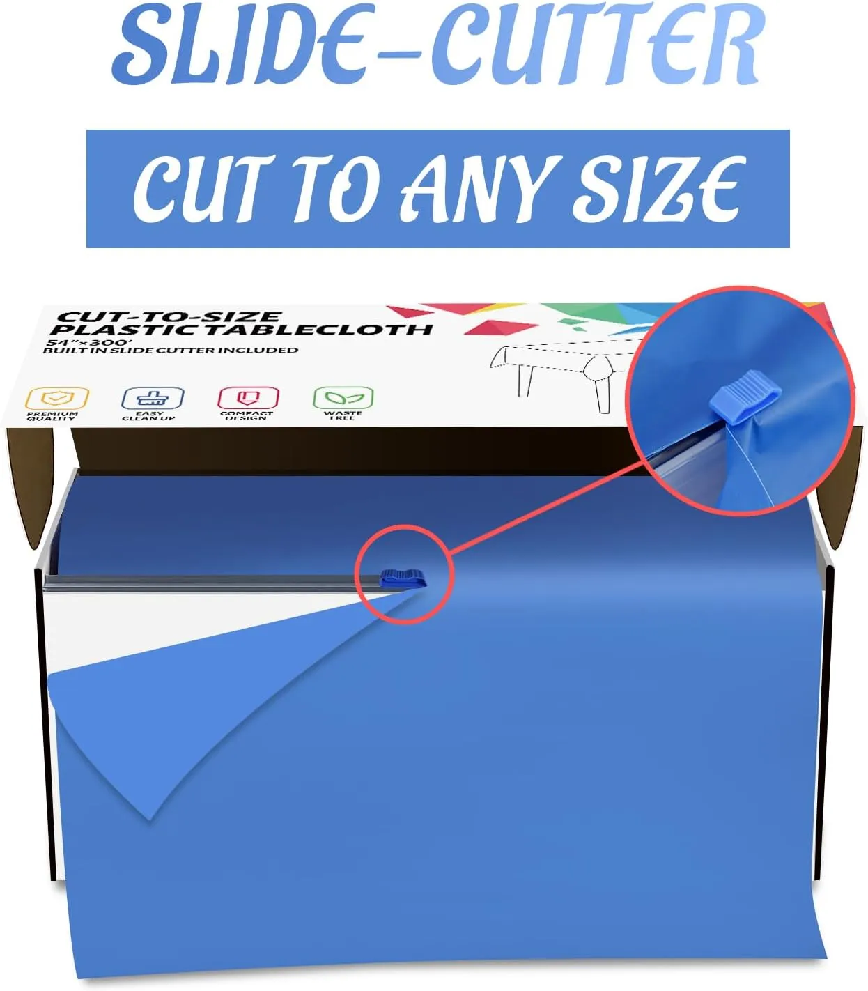 CXPSINC 54 Inch X 300 Feet Plastic Table Cover Roll Disposable Tablecloth with Slide Cutter for All Type/Shape Tables | Picnic, Party, Banquet, Birthdays, Weddings (Blue, 300 Feet)