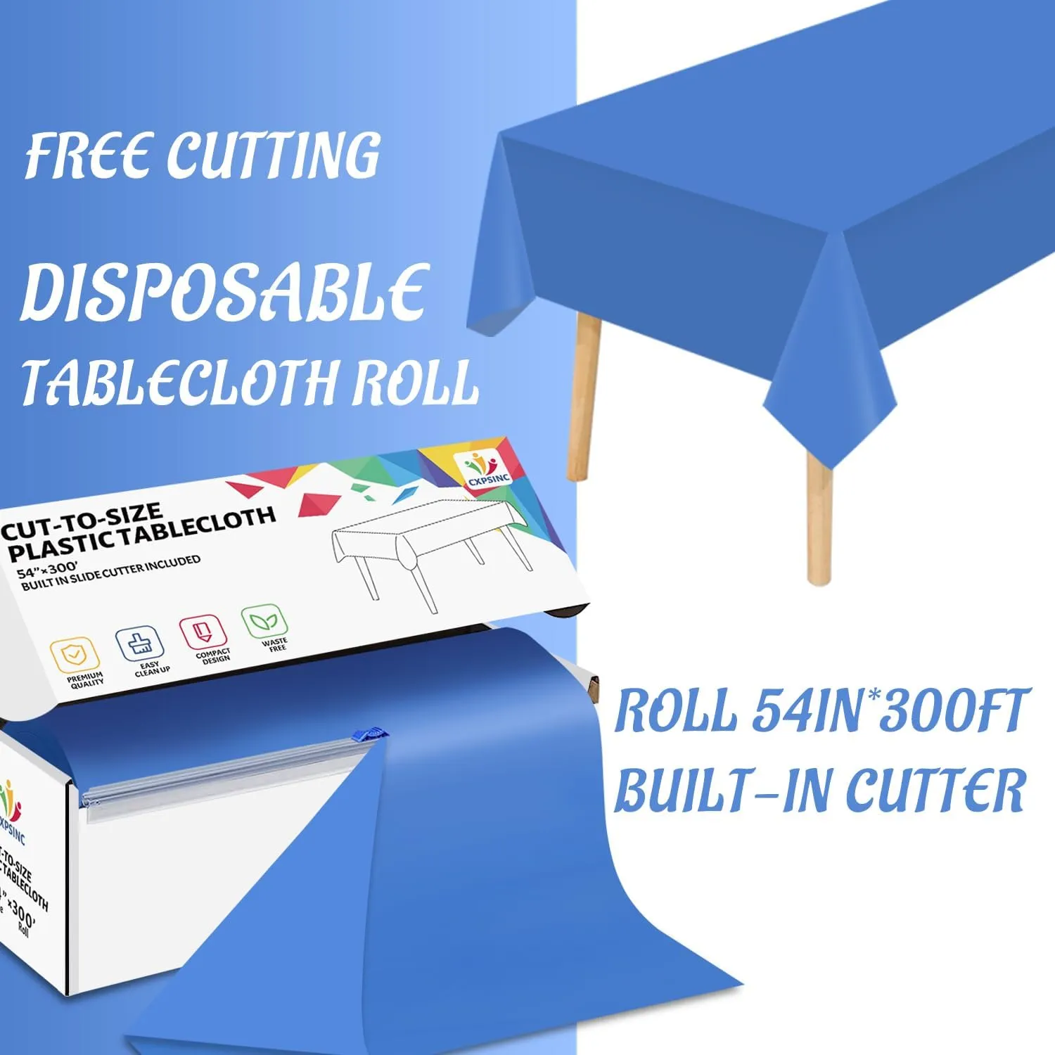CXPSINC 54 Inch X 300 Feet Plastic Table Cover Roll Disposable Tablecloth with Slide Cutter for All Type/Shape Tables | Picnic, Party, Banquet, Birthdays, Weddings (Blue, 300 Feet)