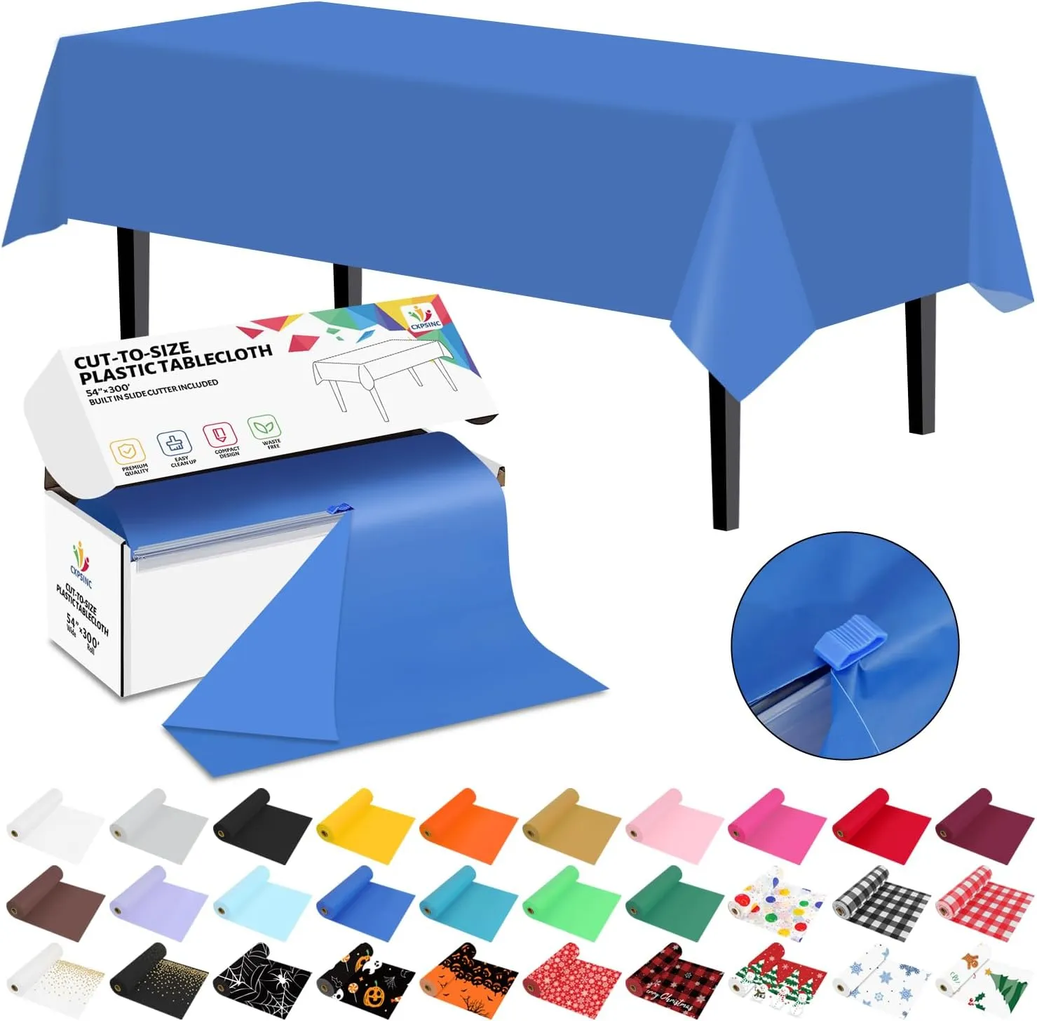 CXPSINC 54 Inch X 300 Feet Plastic Table Cover Roll Disposable Tablecloth with Slide Cutter for All Type/Shape Tables | Picnic, Party, Banquet, Birthdays, Weddings (Blue, 300 Feet)