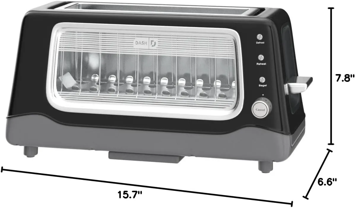 DASH Clear View Toaster - Compact Design with 7 Browning Levels & Clear-View Window, Extra-Wide Slot Large Toaster, 1-Touch Defrost, Reheat & Bagel Functions - Easy Clean Up Crumb Tray (Black)
