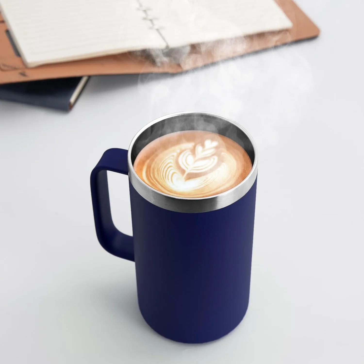 DOMICARE 24oz Mug with Handle and Lid, Stainless Steel Coffee Mug, Reusable Insulated Cup, Travel Mug with Handle, Double Wall Vacuum Coffee Tumbler for Men and Women, Navy, Pack 1
