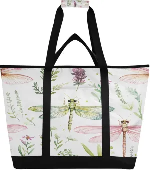 Dragonflies Reusable Insulated Cooler Bag with Ice Pack Compartment - Large 47L Waterproof Thermal Grocery Tote for Picnic Beach Camping Lunch Storage