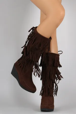 Drawstring Boots Layered Moccasin Wedge Service-focused Fringe Summer special Suede