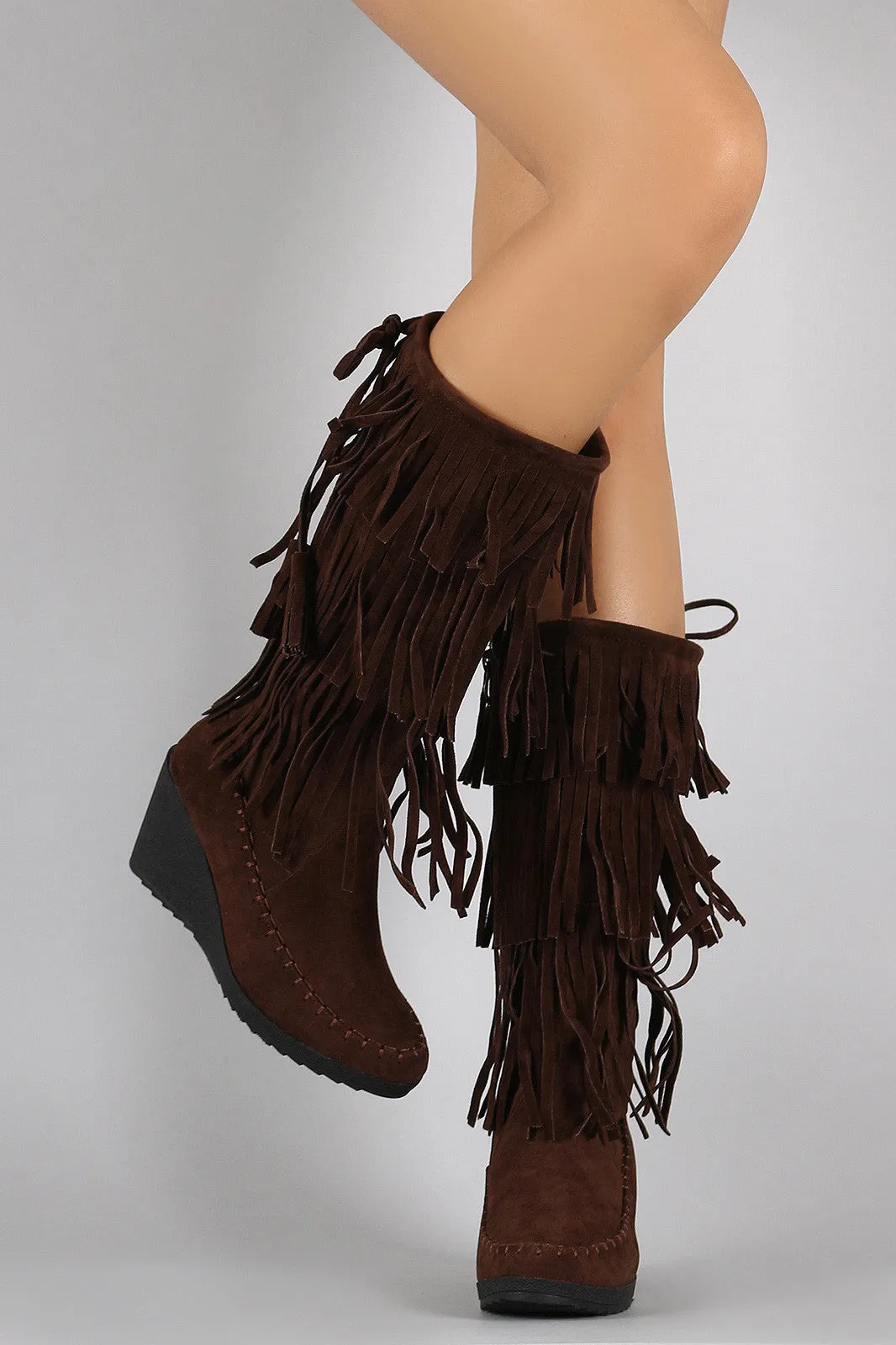 Drawstring Boots Layered Moccasin Wedge Service-focused Fringe Summer special Suede
