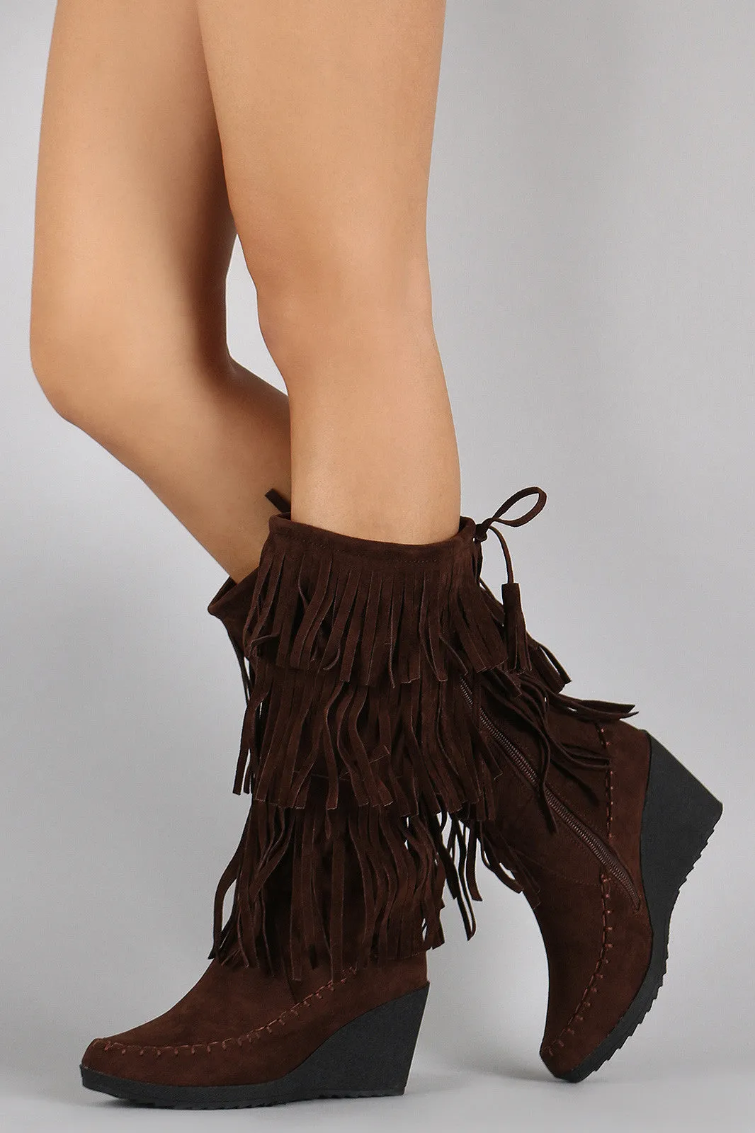 Drawstring Boots Layered Moccasin Wedge Service-focused Fringe Summer special Suede