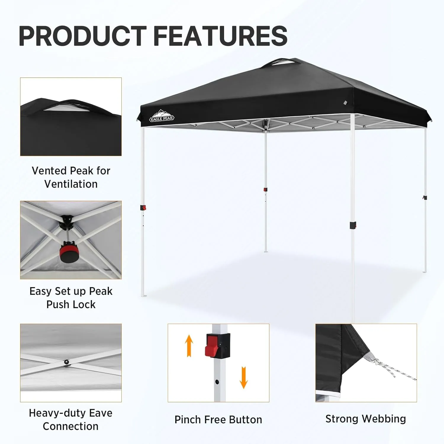 EAGLE PEAK 8x8 Pop Up Canopy Tent Instant Outdoor Canopy Easy Set Up Straight Leg Folding Shelter with Wheeled Bag, 8 Stakes and 4 Ropes, Black