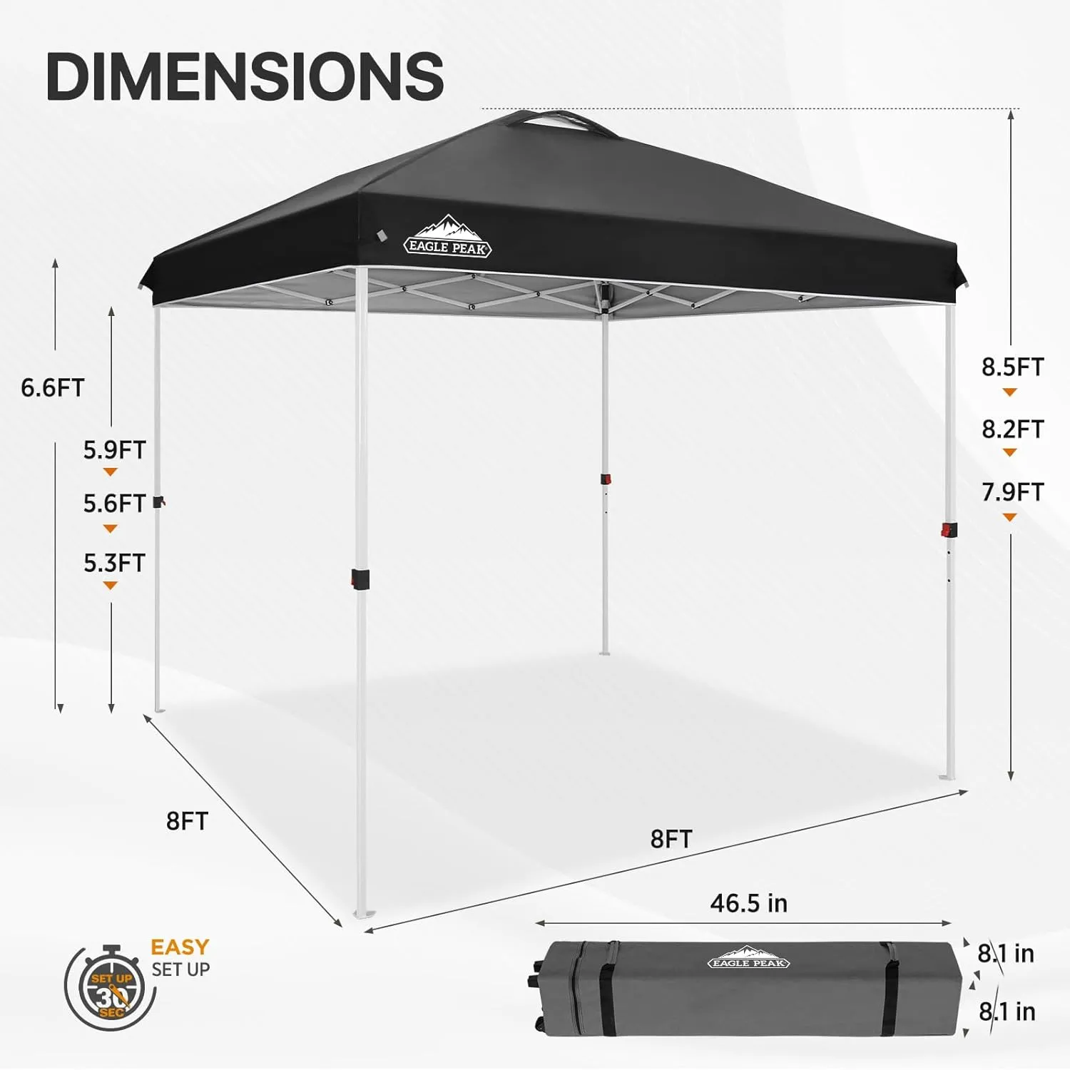 EAGLE PEAK 8x8 Pop Up Canopy Tent Instant Outdoor Canopy Easy Set Up Straight Leg Folding Shelter with Wheeled Bag, 8 Stakes and 4 Ropes, Black