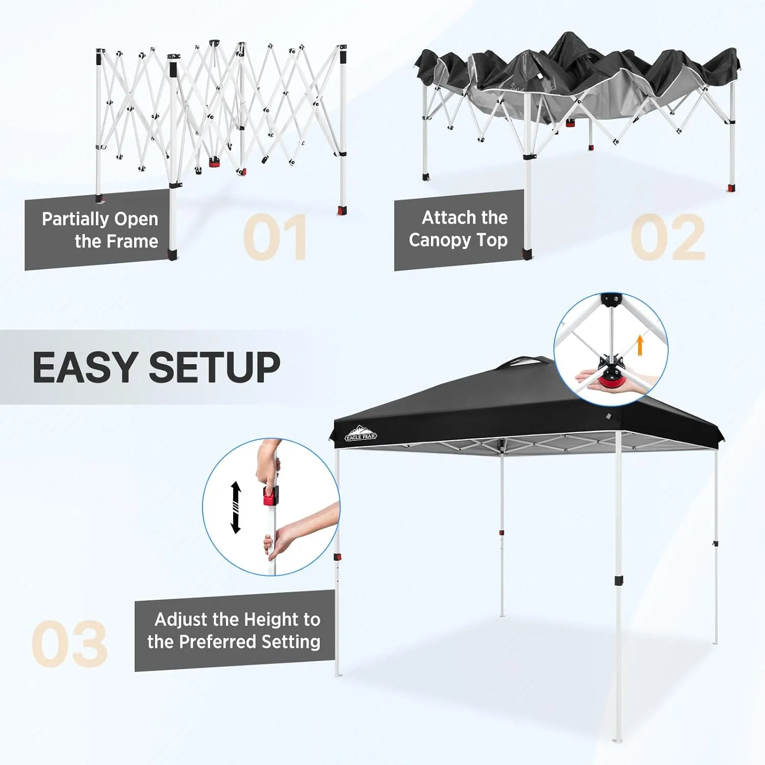 EAGLE PEAK 8x8 Pop Up Canopy Tent Instant Outdoor Canopy Easy Set Up Straight Leg Folding Shelter with Wheeled Bag, 8 Stakes and 4 Ropes, Black