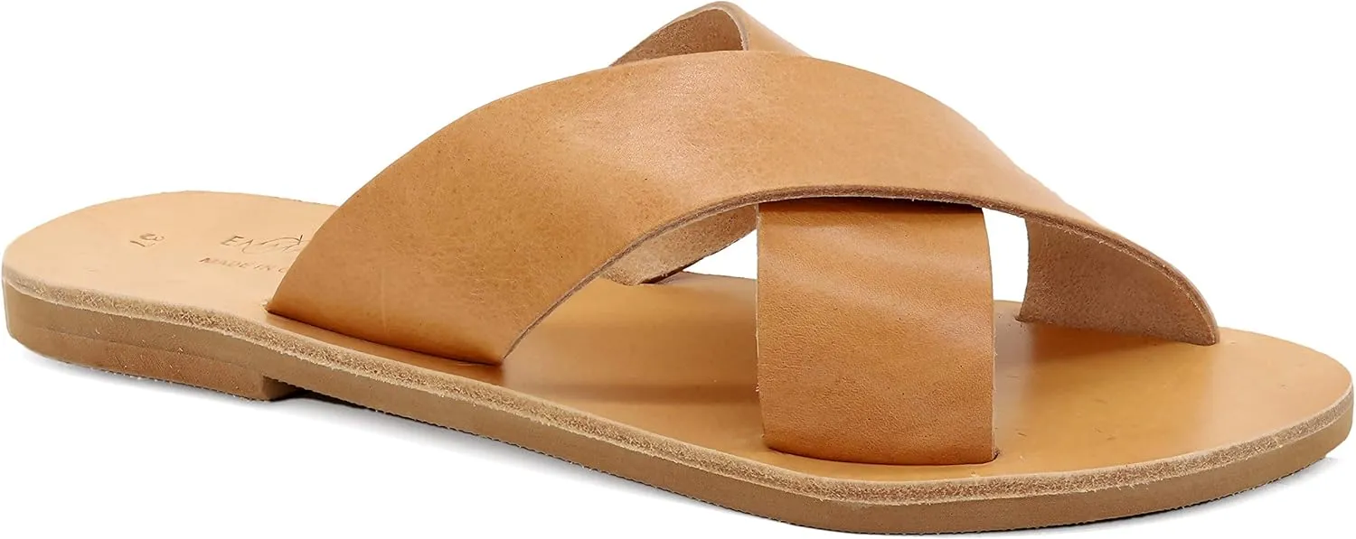 Emmanuela Ancient Greek Leather Flat Sandals, Quality Handmade Slide on X Strap Summer Shoes for Women, Open Toe Sliders, Boho Chic Mules