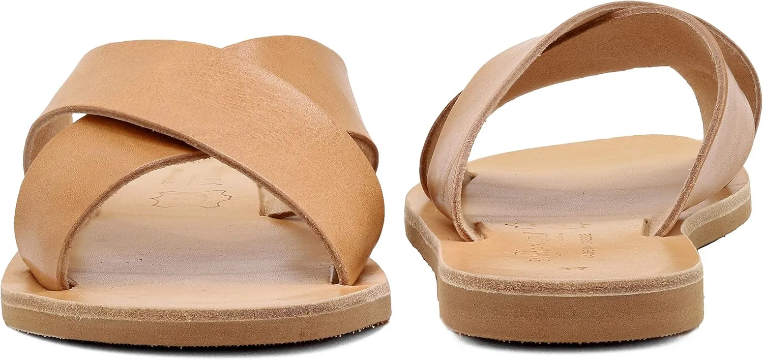 Emmanuela Ancient Greek Leather Flat Sandals, Quality Handmade Slide on X Strap Summer Shoes for Women, Open Toe Sliders, Boho Chic Mules