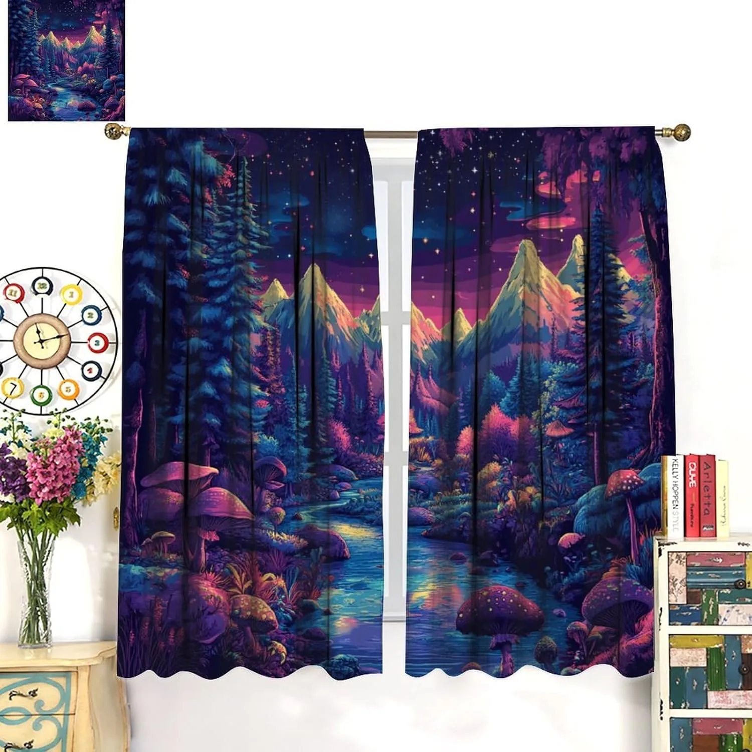 Fantasy Stream Jungle Blackout Curtains for Bedroom/Living Room, Pine Tree Mountain Landscape Thermal Insulated Curtains Rod Pocket Window Drapes, 2 Panels/Each 31.5" W x 63" L