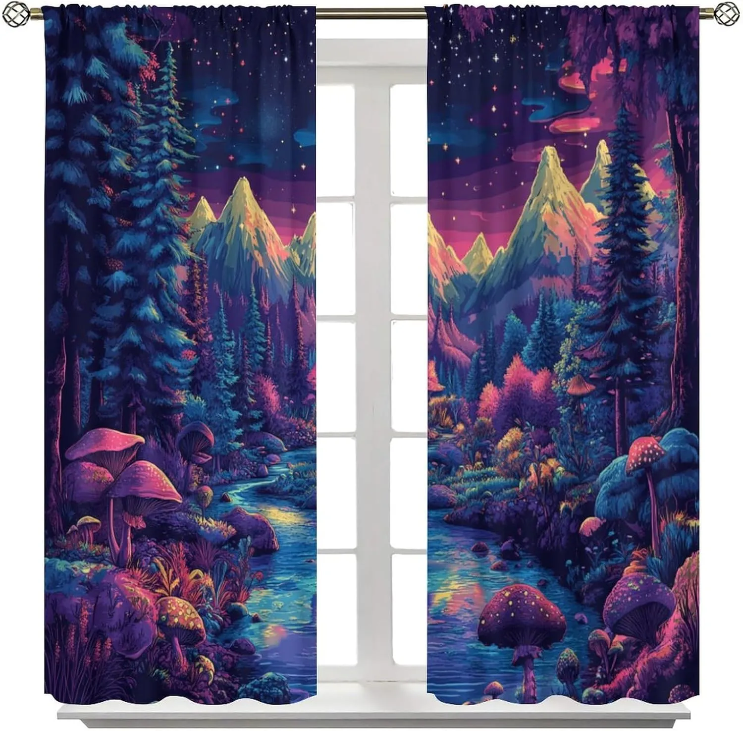 Fantasy Stream Jungle Blackout Curtains for Bedroom/Living Room, Pine Tree Mountain Landscape Thermal Insulated Curtains Rod Pocket Window Drapes, 2 Panels/Each 31.5" W x 63" L