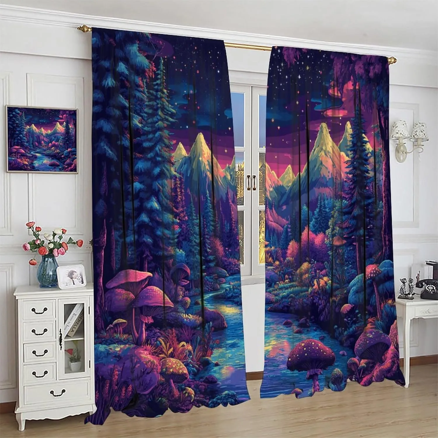 Fantasy Stream Jungle Blackout Curtains for Bedroom/Living Room, Pine Tree Mountain Landscape Thermal Insulated Curtains Rod Pocket Window Drapes, 2 Panels/Each 31.5" W x 63" L