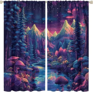 Fantasy Stream Jungle Blackout Curtains for Bedroom/Living Room, Pine Tree Mountain Landscape Thermal Insulated Curtains Rod Pocket Window Drapes, 2 Panels/Each 31.5" W x 63" L