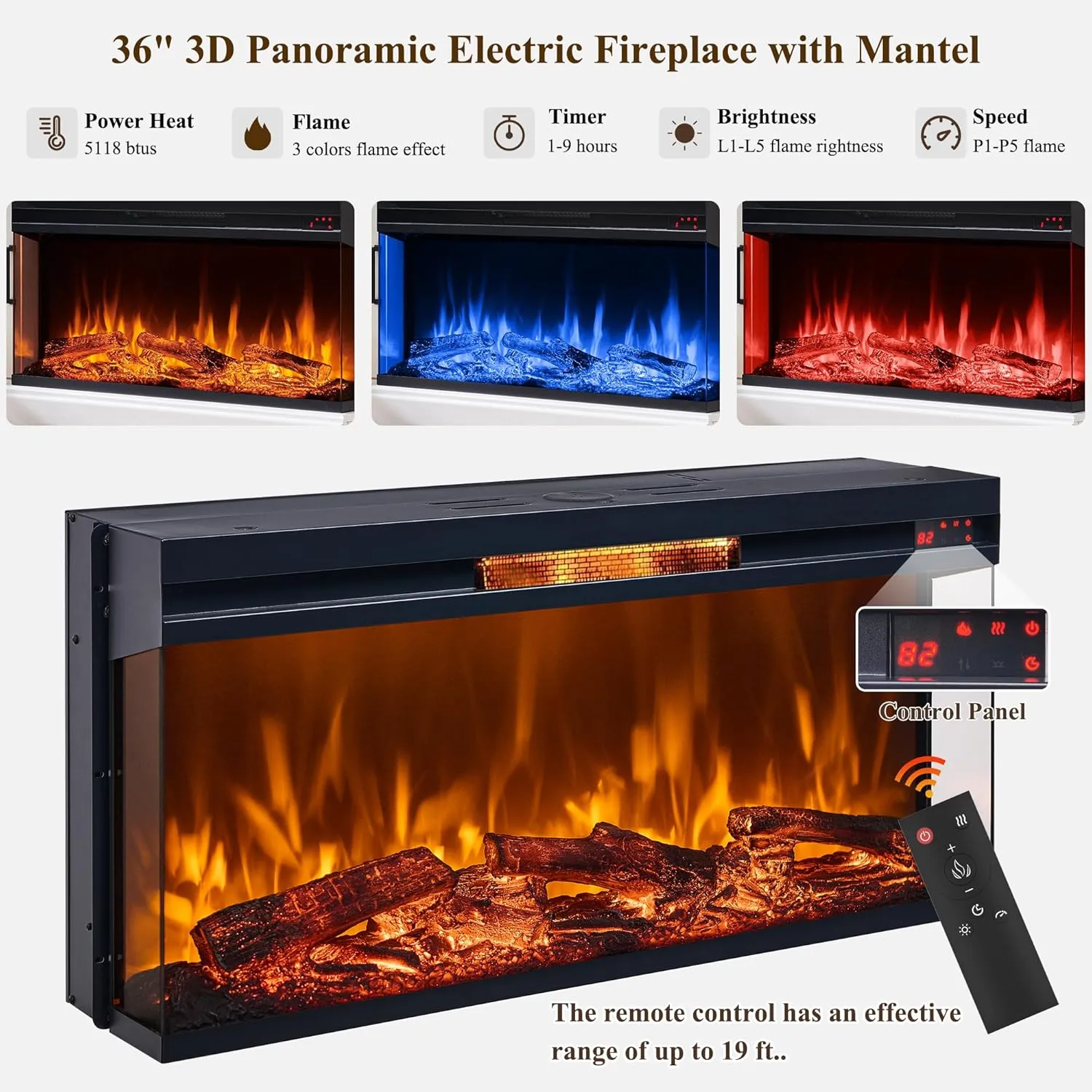 Farmhouse Electric Fireplace TV Stand for TVs up to 80", Entertainment Center with 36" 3-Sided Glass Electric Fireplace & LED Lights, 70-inch TV Console for Living Room, Black