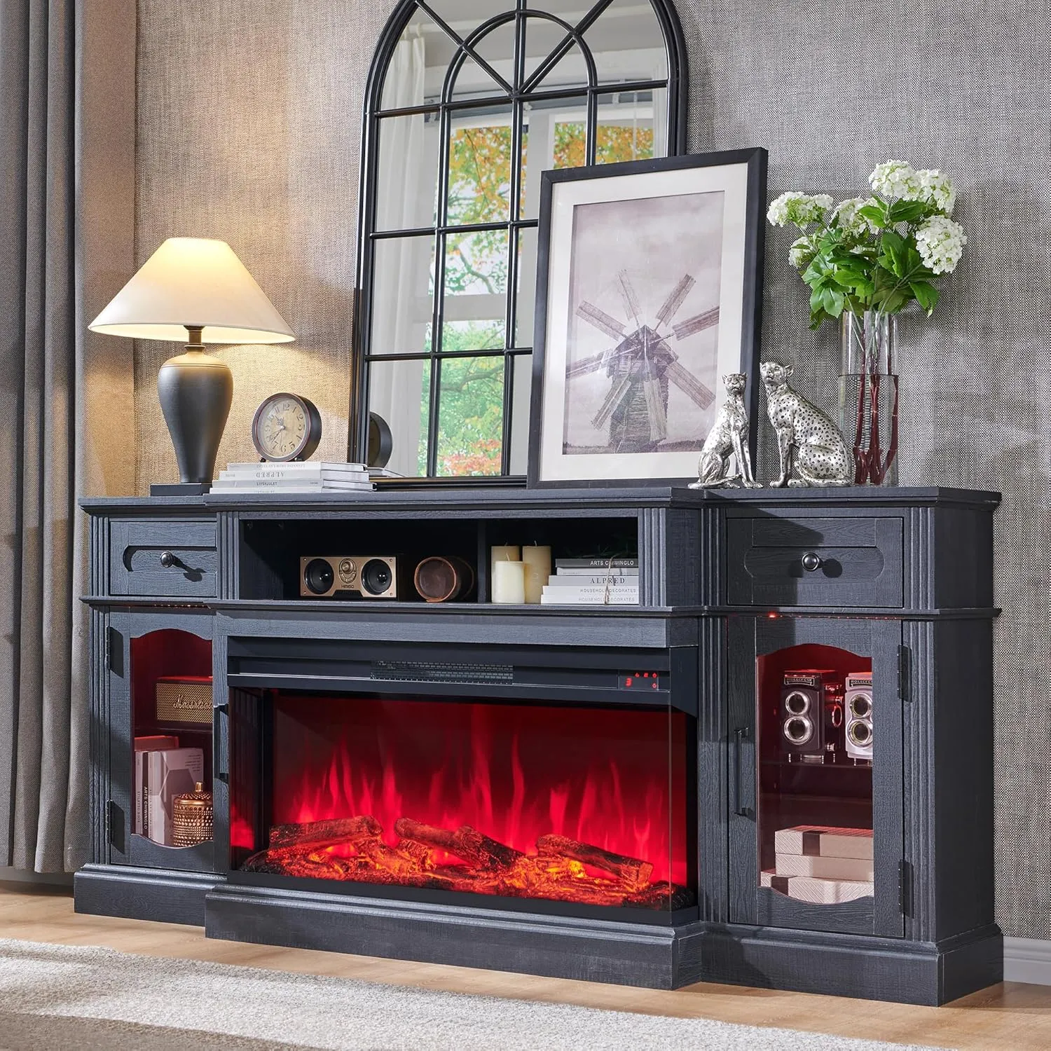 Farmhouse Electric Fireplace TV Stand for TVs up to 80", Entertainment Center with 36" 3-Sided Glass Electric Fireplace & LED Lights, 70-inch TV Console for Living Room, Black