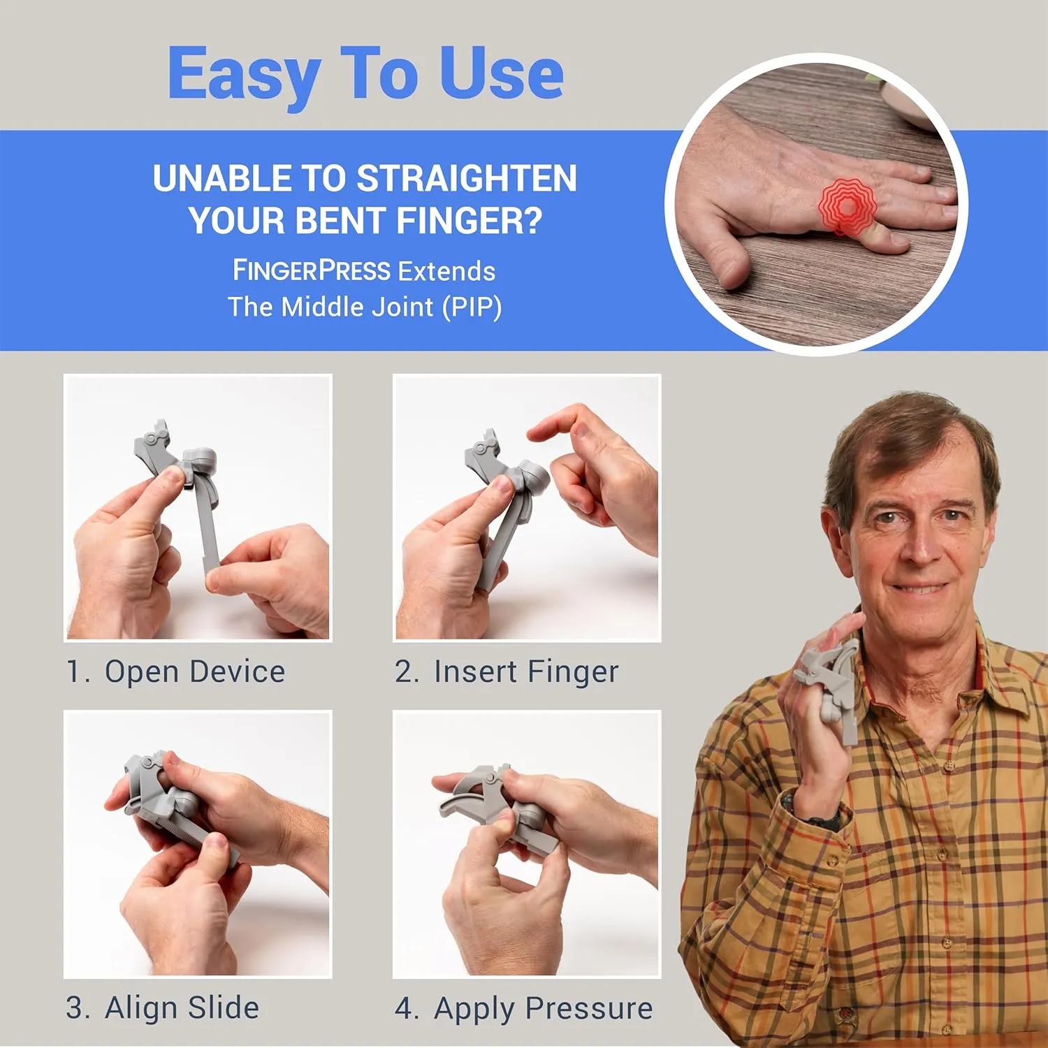 Finger Straightener | PIP Extension Orthosis/Splint For Bent Fingers, PIP Flexion Contractures | Adjustable Joint Stretcher Device | Made in USA | Purple/Large