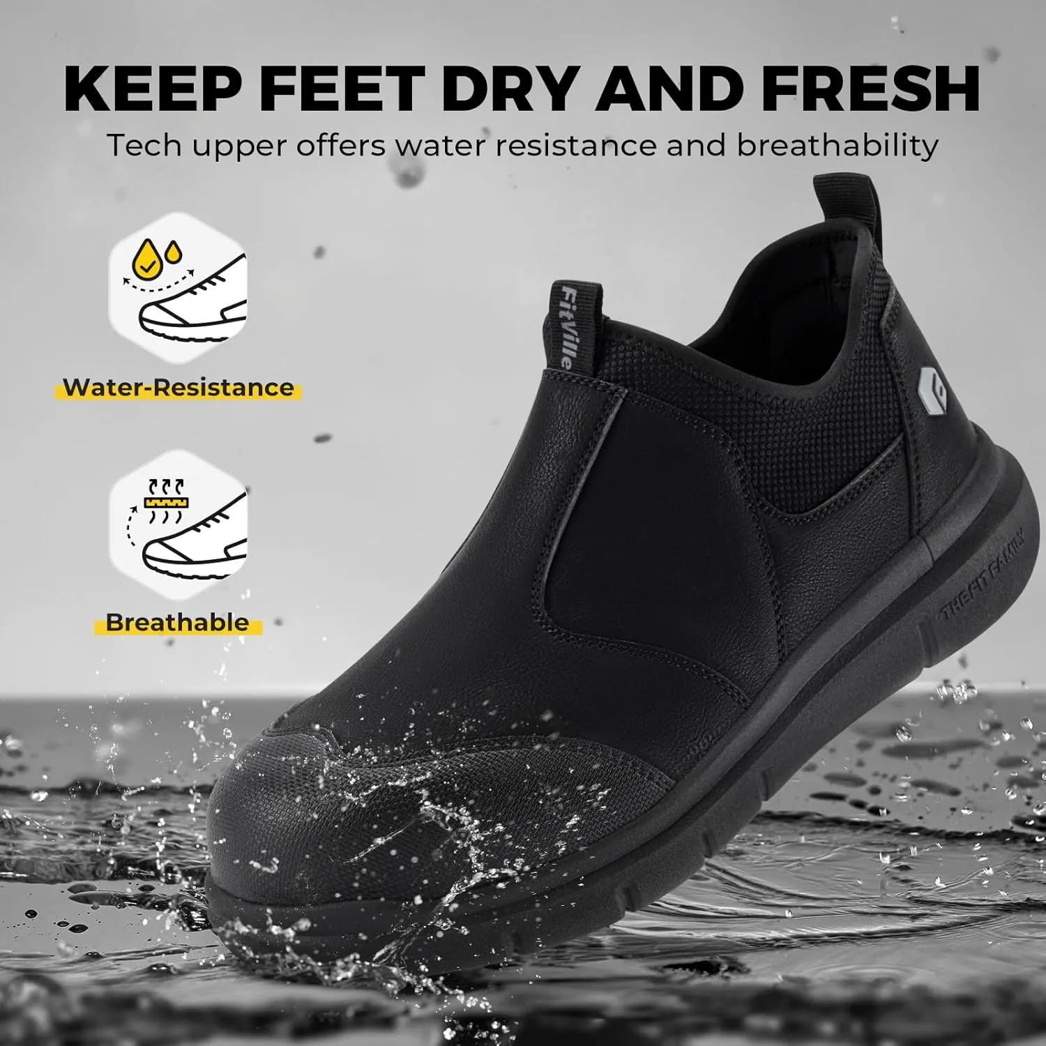 FitVille Extra Wide Men's Slip on Composite Toe Shoes Safety Toe Work Shoes for Men Puncture Proof