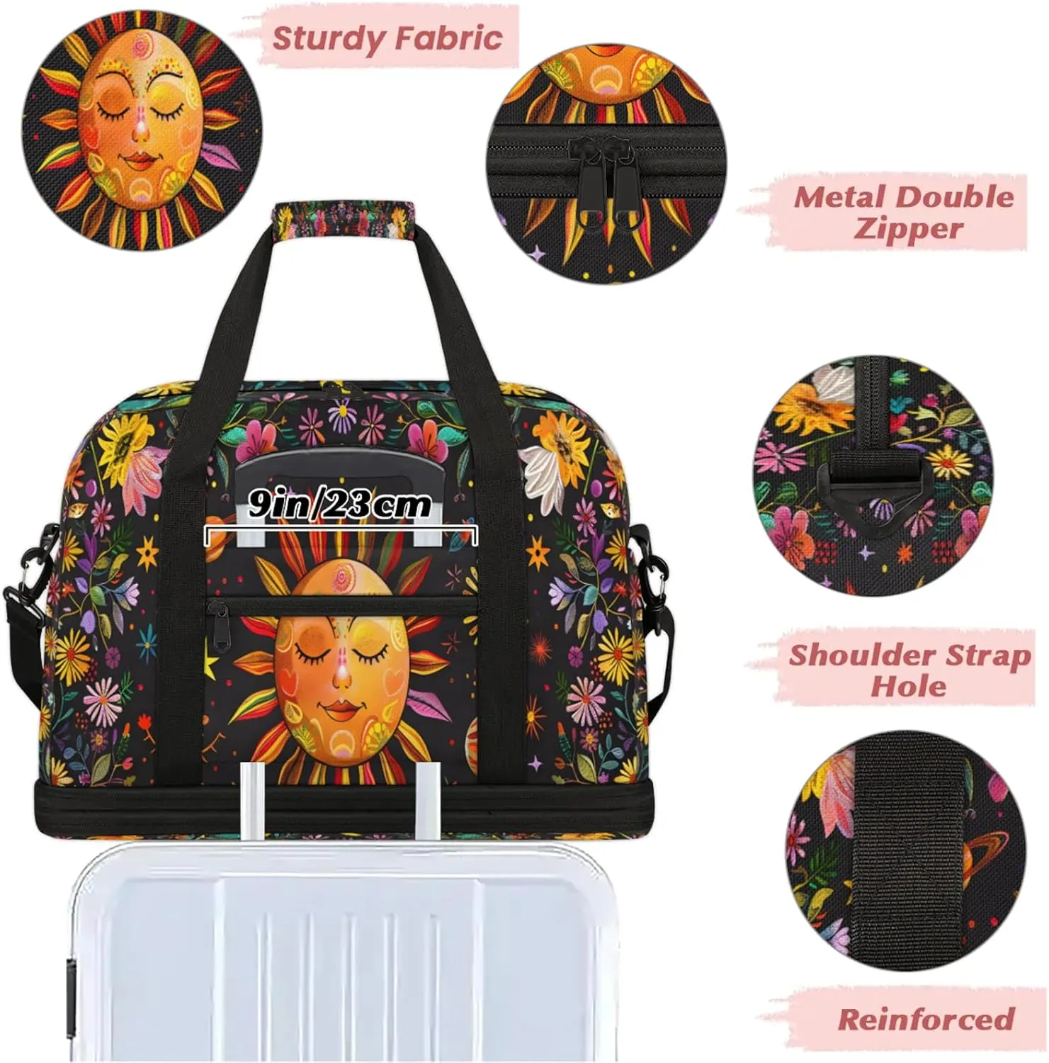 Flower Sun Abstract Travel Duffel Bags for Women & Men Large Sports Gym Bags Foldie Weekender Overnight Bag Carry On Tote Bag With Shoe Compartment Personal Item Bag for Travel Sports Gym
