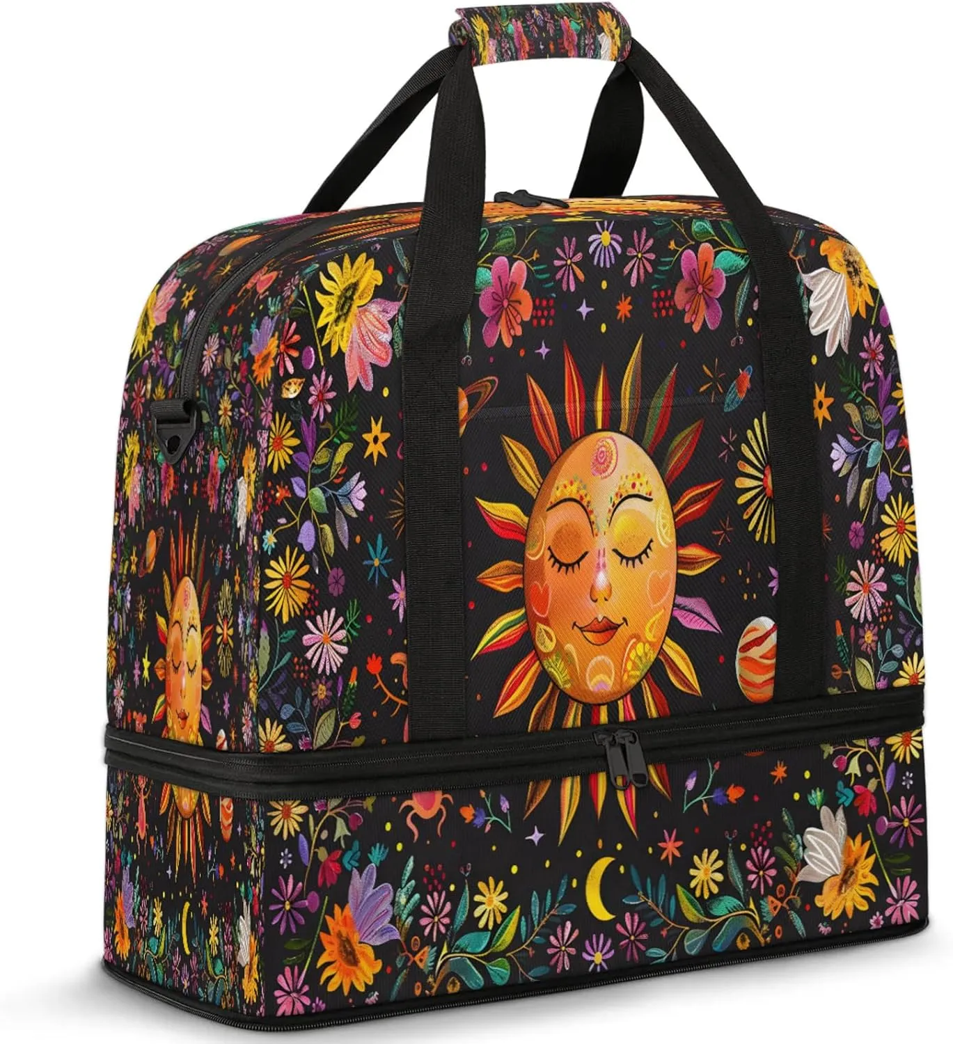 Flower Sun Abstract Travel Duffel Bags for Women & Men Large Sports Gym Bags Foldie Weekender Overnight Bag Carry On Tote Bag With Shoe Compartment Personal Item Bag for Travel Sports Gym