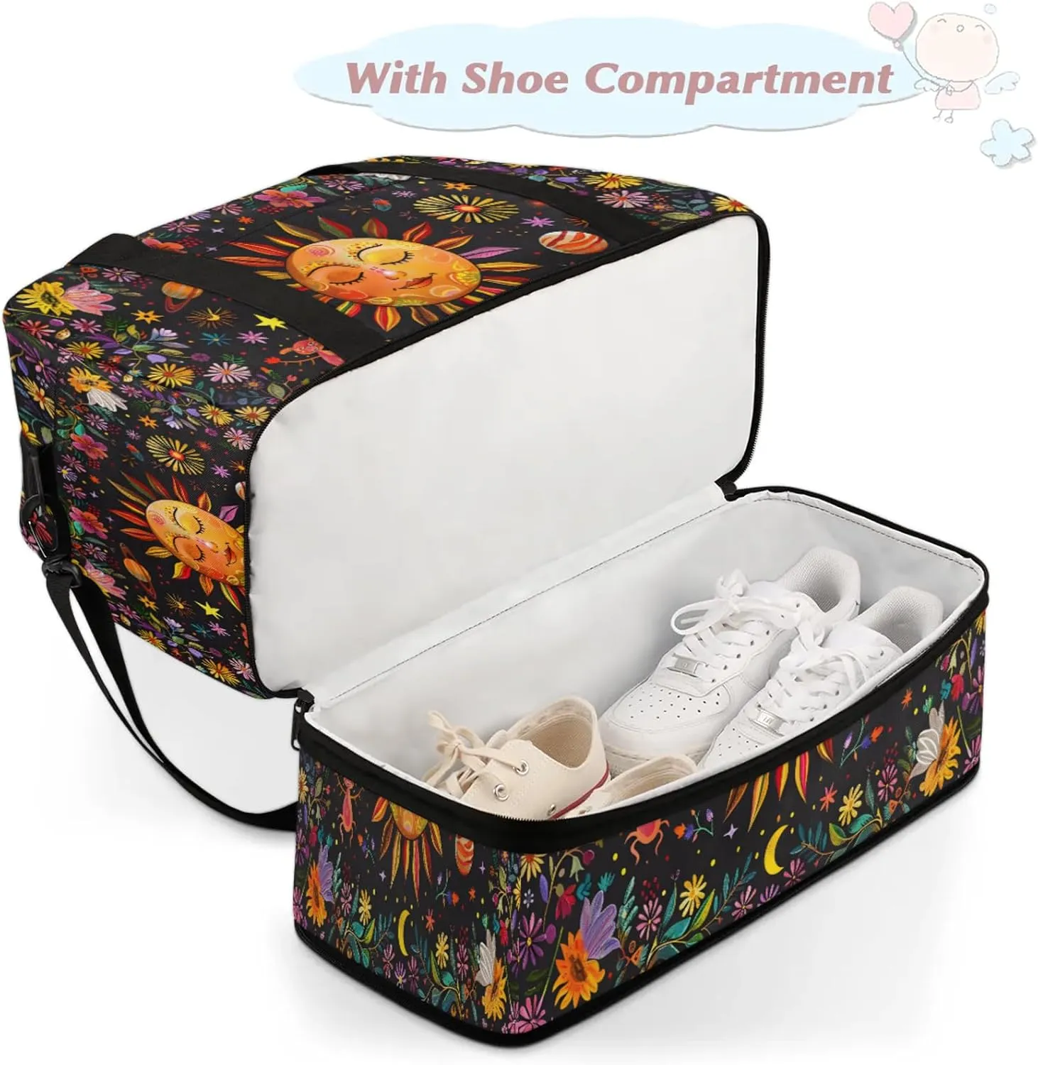 Flower Sun Abstract Travel Duffel Bags for Women & Men Large Sports Gym Bags Foldie Weekender Overnight Bag Carry On Tote Bag With Shoe Compartment Personal Item Bag for Travel Sports Gym