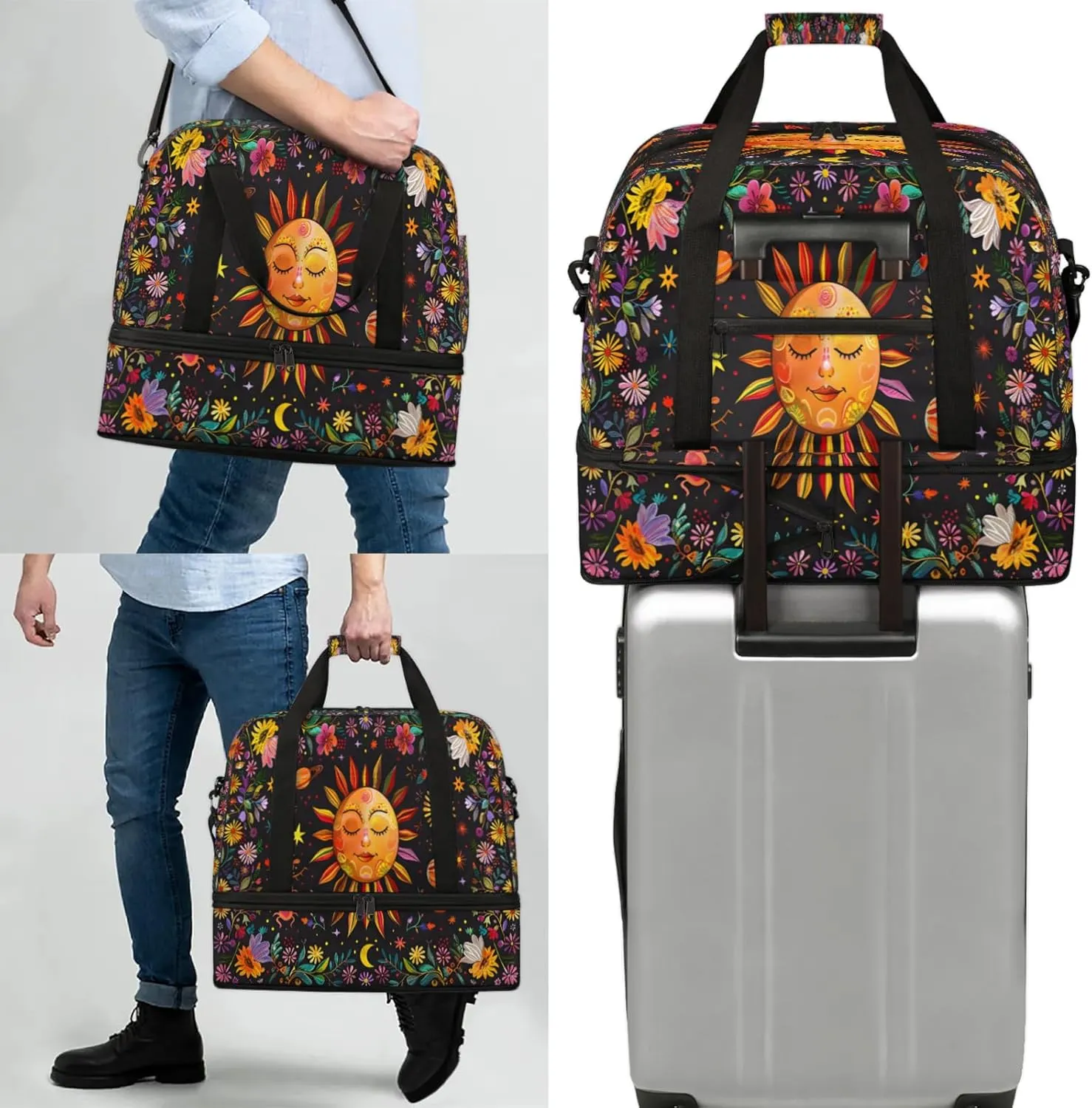 Flower Sun Abstract Travel Duffel Bags for Women & Men Large Sports Gym Bags Foldie Weekender Overnight Bag Carry On Tote Bag With Shoe Compartment Personal Item Bag for Travel Sports Gym