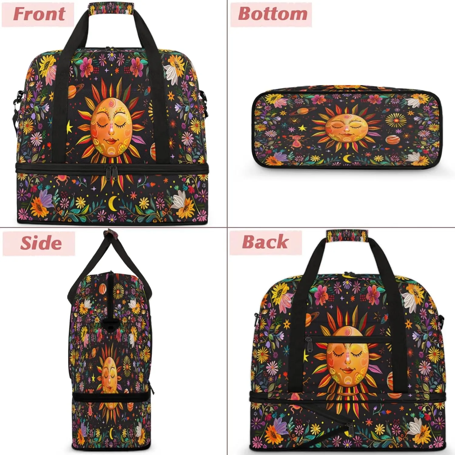 Flower Sun Abstract Travel Duffel Bags for Women & Men Large Sports Gym Bags Foldie Weekender Overnight Bag Carry On Tote Bag With Shoe Compartment Personal Item Bag for Travel Sports Gym
