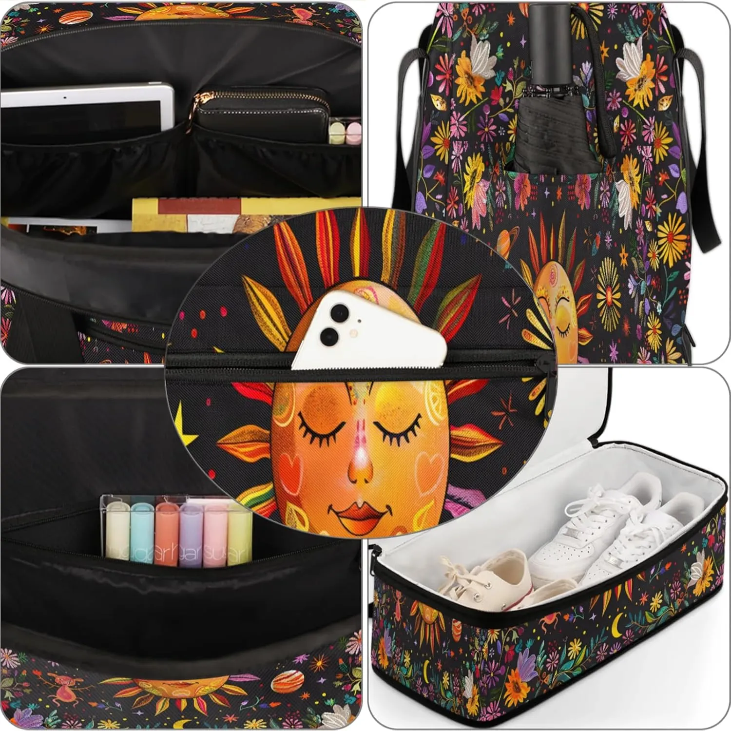 Flower Sun Abstract Travel Duffel Bags for Women & Men Large Sports Gym Bags Foldie Weekender Overnight Bag Carry On Tote Bag With Shoe Compartment Personal Item Bag for Travel Sports Gym
