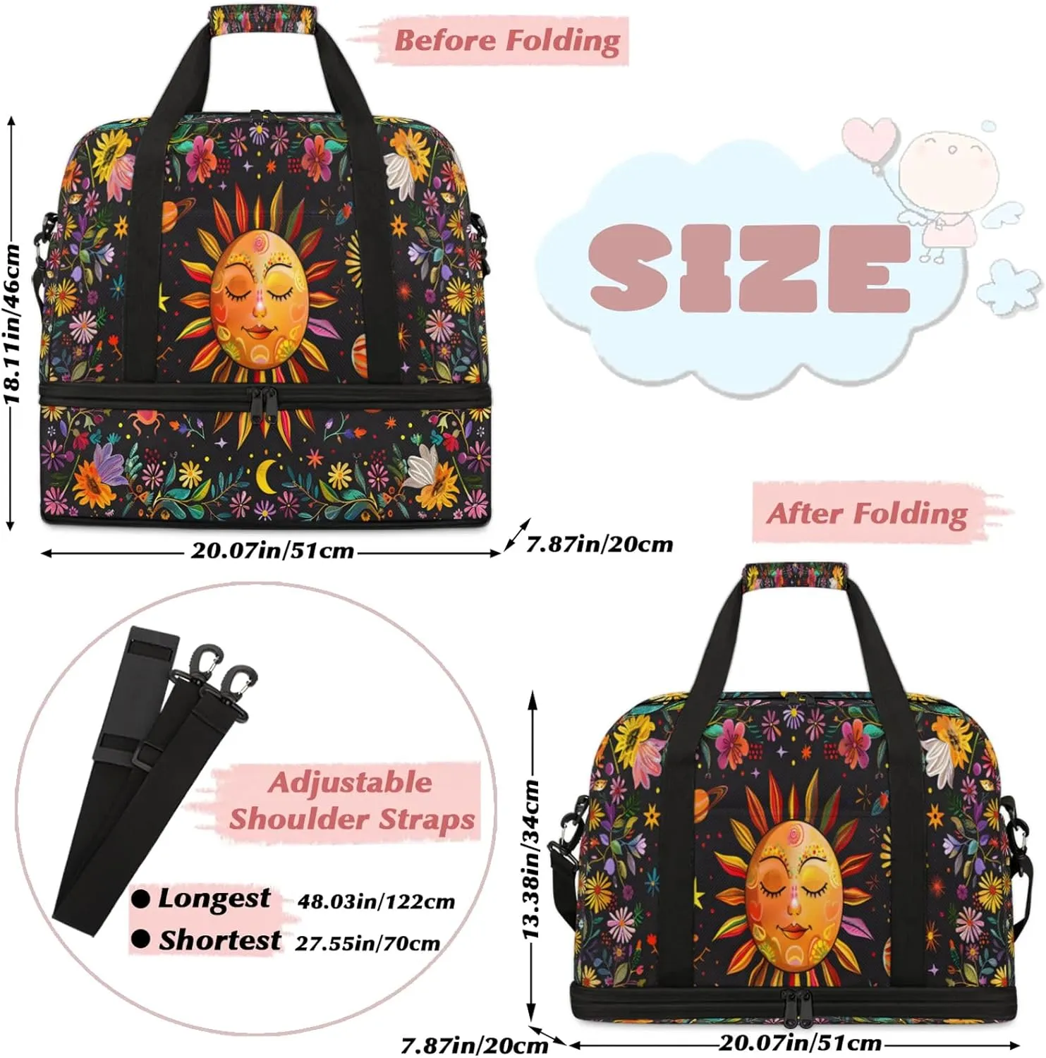 Flower Sun Abstract Travel Duffel Bags for Women & Men Large Sports Gym Bags Foldie Weekender Overnight Bag Carry On Tote Bag With Shoe Compartment Personal Item Bag for Travel Sports Gym