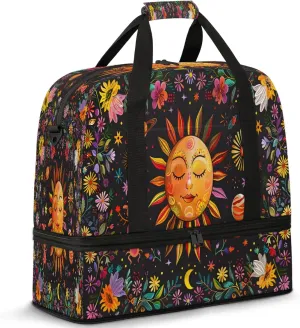Flower Sun Abstract Travel Duffel Bags for Women & Men Large Sports Gym Bags Foldie Weekender Overnight Bag Carry On Tote Bag With Shoe Compartment Personal Item Bag for Travel Sports Gym