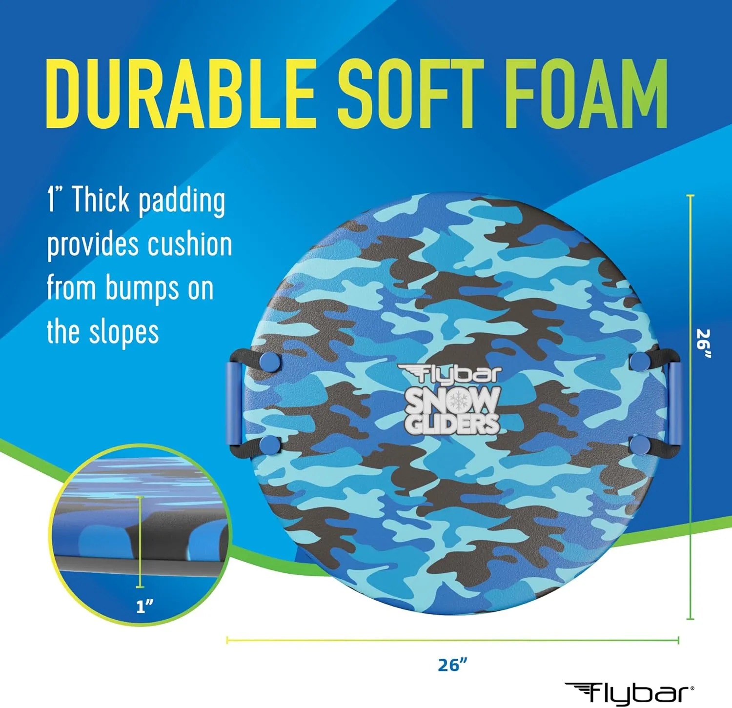 Flybar Snow Sled for Kids - Foam Saucer Disc Sled, Ages 6 , Easy Grip Handles, Durable with Slick Bottom & PE Core Build, Lightweight Sleds for Kids, Snow Toys for Kids Outdoor, Up to 110 lbs, 26"