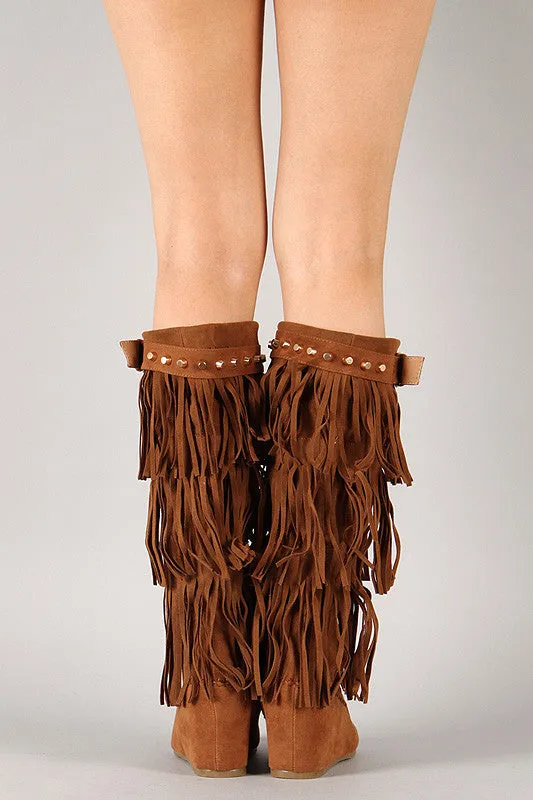 Fringe Wedge Knee Limited-edition Artificial intelligence Studded Moccasin High Boot