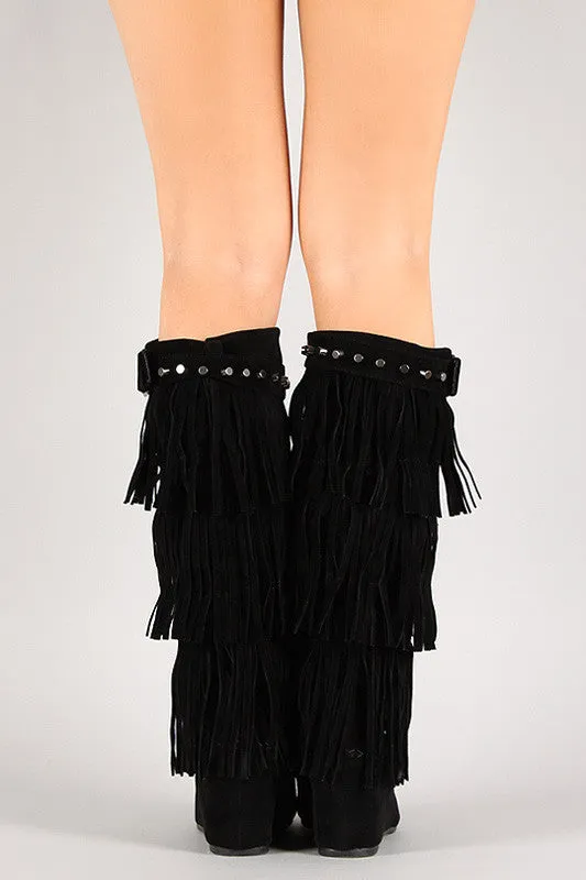 Fringe Wedge Knee Limited-edition Artificial intelligence Studded Moccasin High Boot