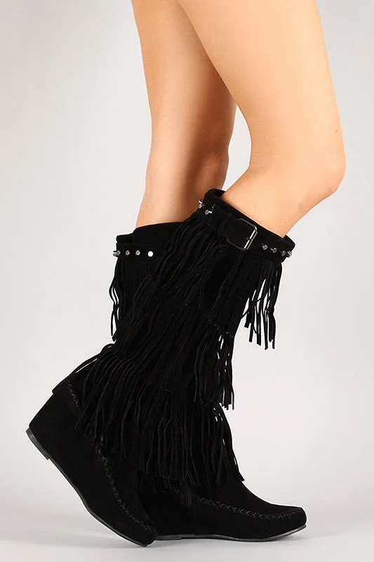 Fringe Wedge Knee Limited-edition Artificial intelligence Studded Moccasin High Boot