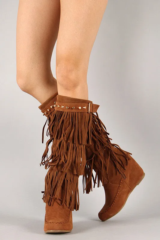 Fringe Wedge Knee Limited-edition Artificial intelligence Studded Moccasin High Boot
