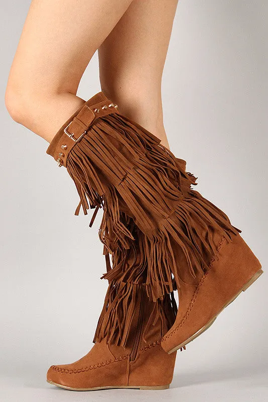 Fringe Wedge Knee Limited-edition Artificial intelligence Studded Moccasin High Boot