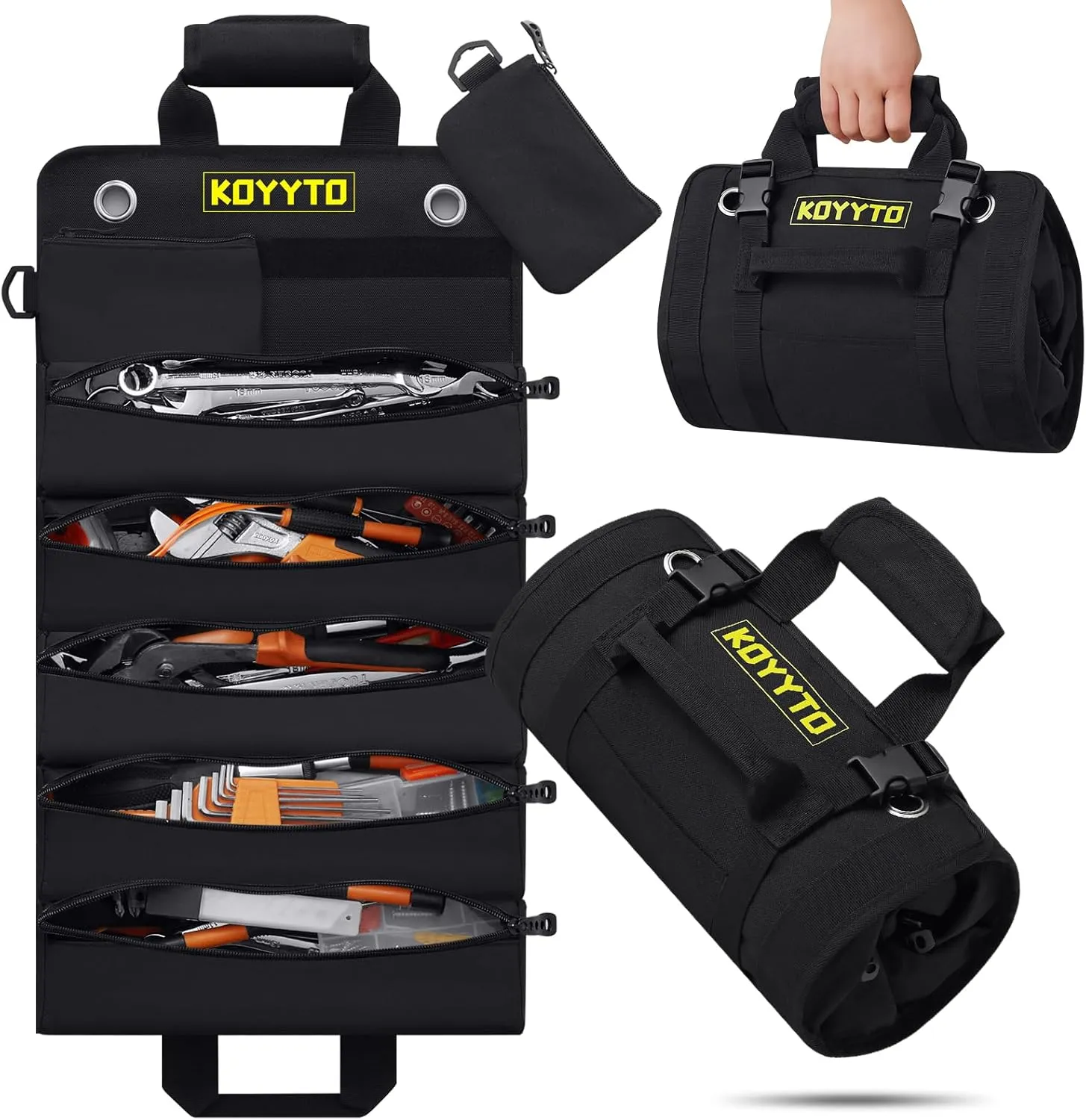 Gift for Men,Premium Tool Roll up Bag - Heavy Duty Small Tool Bag Organizer and Storage with W/Detachable Pouches,Waterproof Oxford Cloth,Suitable for Motorcycle,Truck,Electrician,Mechanics etc,Black