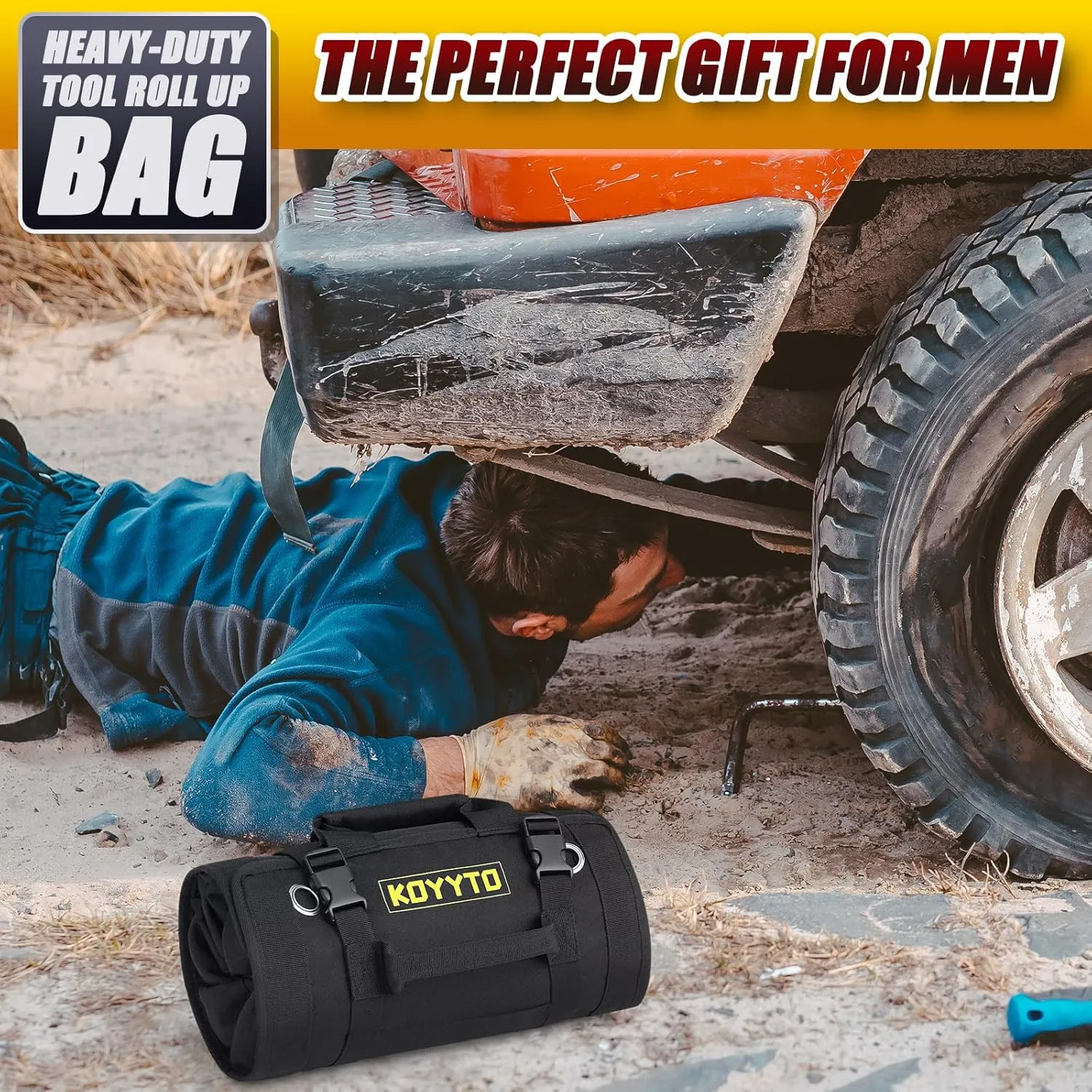 Gift for Men,Premium Tool Roll up Bag - Heavy Duty Small Tool Bag Organizer and Storage with W/Detachable Pouches,Waterproof Oxford Cloth,Suitable for Motorcycle,Truck,Electrician,Mechanics etc,Black