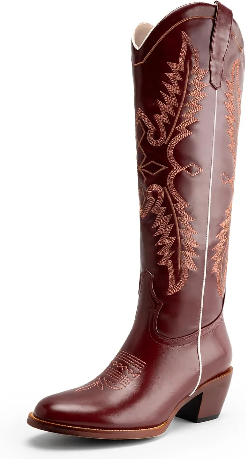 GORBINETI Women Cowboy Boots Mid Calf Cowgirl Boots Western Red Boots Embroidered Suede Pull On Almond Toe Chunky Heel