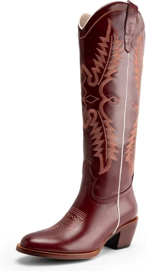 GORBINETI Women Cowboy Boots Mid Calf Cowgirl Boots Western Red Boots Embroidered Suede Pull On Almond Toe Chunky Heel
