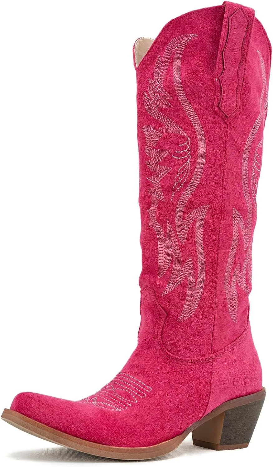 GORBINETI Women Pink Cowboy Boots Mid Calf Cowgirl Boots Sky Blue Western Boots Embroidered Suede Pull On Almond Toe Chunky Heel