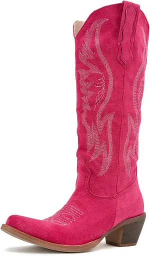 GORBINETI Women Pink Cowboy Boots Mid Calf Cowgirl Boots Sky Blue Western Boots Embroidered Suede Pull On Almond Toe Chunky Heel