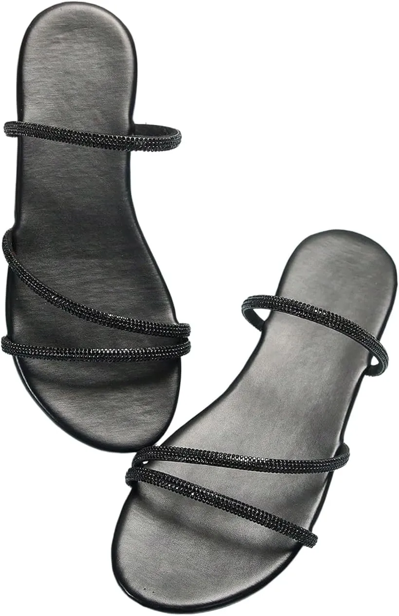 GORGLITTER Women's Rhinestone Strappy Sandals Dress Open Toe Flat Slip on Slide Sandal