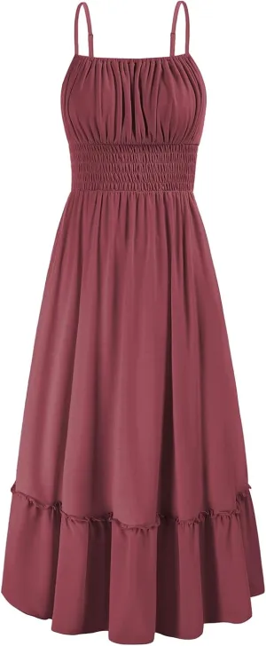 GRACE KARIN Womens 2025 Summer Dress Casual Sleeveless Spaghetti Strap Smocked Ruffle Beach Long Maxi Dress with Pockets