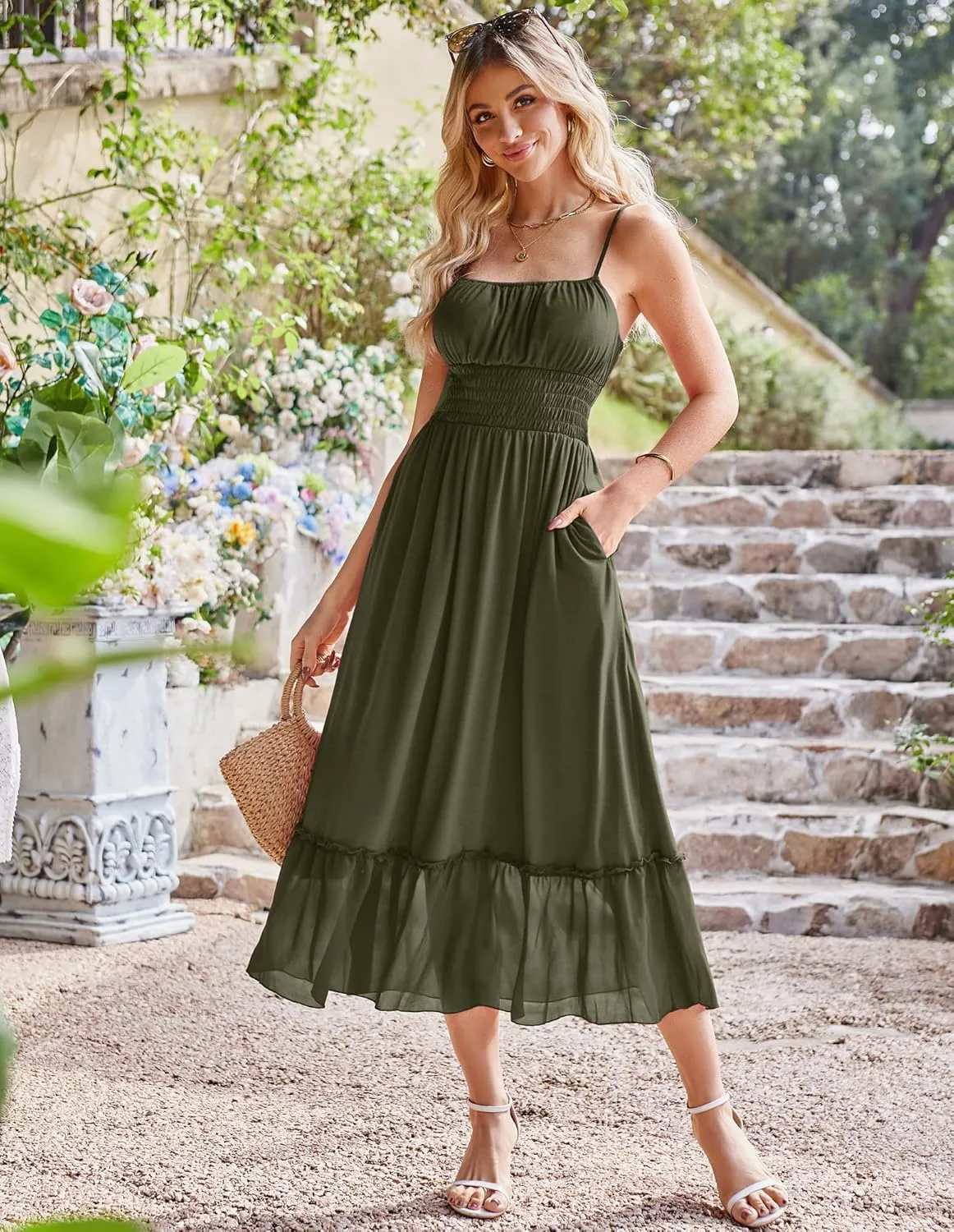 GRACE KARIN Womens 2025 Summer Dress Casual Sleeveless Spaghetti Strap Smocked Ruffle Beach Long Maxi Dress with Pockets