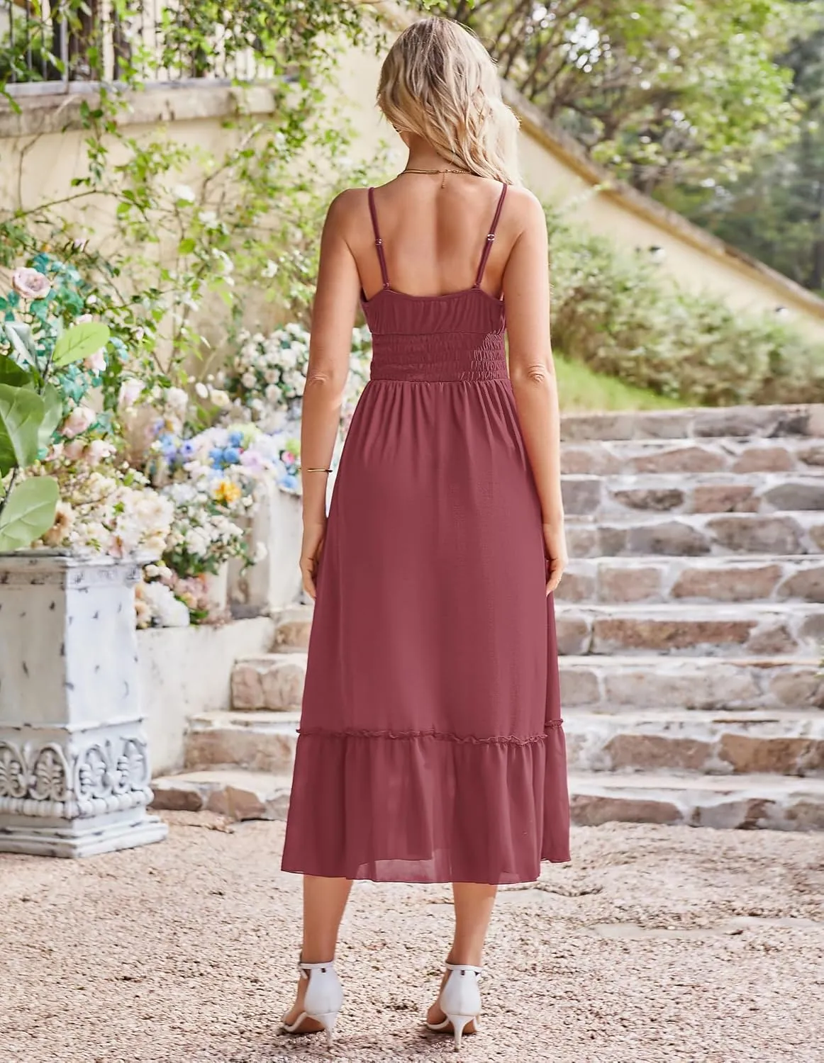GRACE KARIN Womens 2025 Summer Dress Casual Sleeveless Spaghetti Strap Smocked Ruffle Beach Long Maxi Dress with Pockets