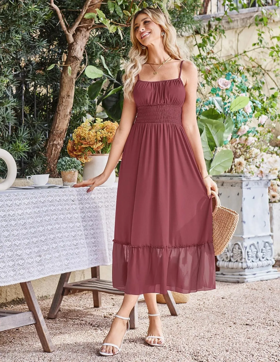 GRACE KARIN Womens 2025 Summer Dress Casual Sleeveless Spaghetti Strap Smocked Ruffle Beach Long Maxi Dress with Pockets