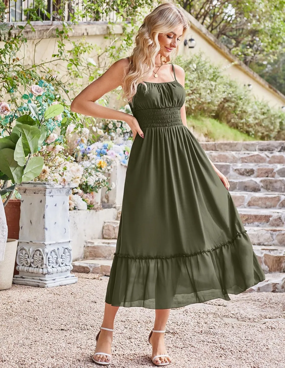 GRACE KARIN Womens 2025 Summer Dress Casual Sleeveless Spaghetti Strap Smocked Ruffle Beach Long Maxi Dress with Pockets